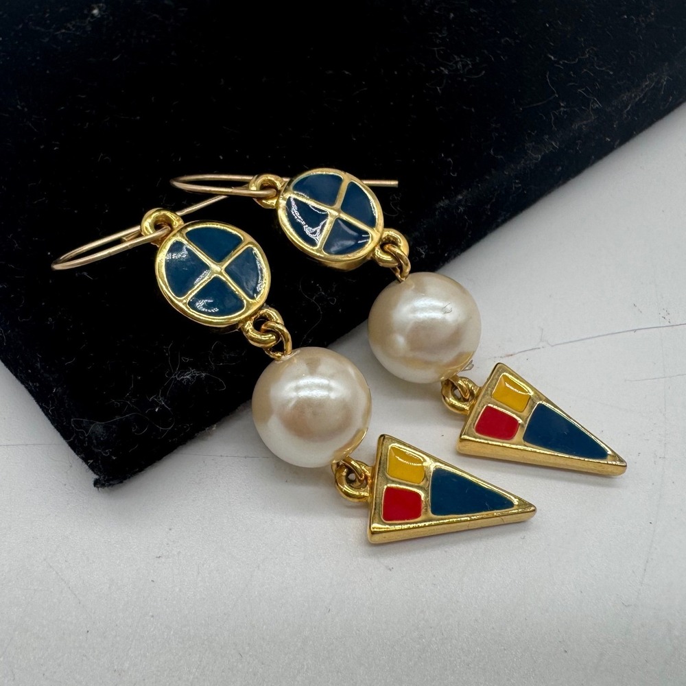 Marvella Vintage Enamel Faux Pearl Geometric Drip Earrings Gold Tone Multi Color